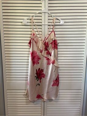 LA Intimates Satin Floral Slip Chemise Blush Floral Ruffle Nightie Lingerie Sexy